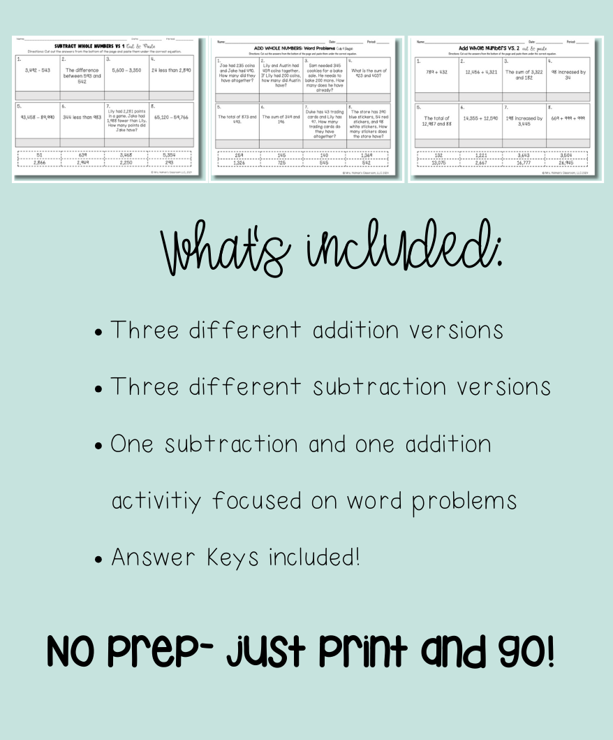 Three different addition and subtraction cut and paste activities. 